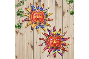 Micanlo 2pcs, Metal Sun Wall Decor, 12.7"x12.7" 3D Colorful Mexican Sun Wall Art Hanging Decorations Ornament for Home, Outside Garden, Patio, Kitchen, Balcony