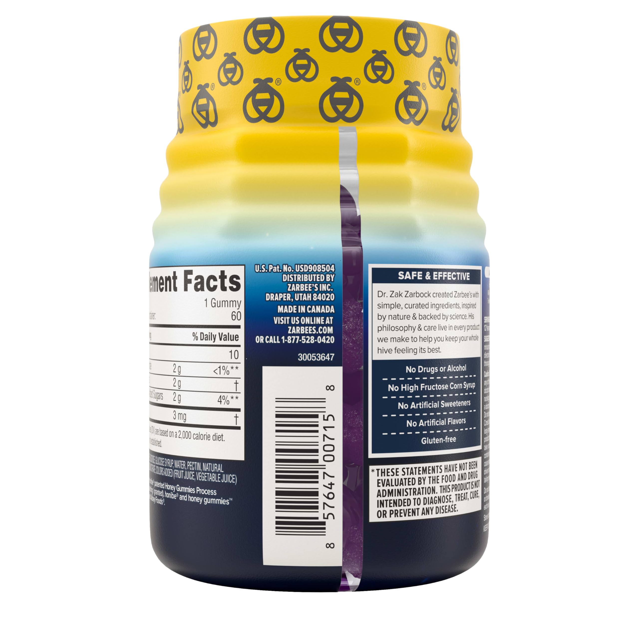 Zarbee's Melatonin Gummies 3mg Sleep Supplement to Promote Peaceful Sleep, Natural Mixed Fruit Flavor, Adults Gummy Age 12 Up, 60 Count