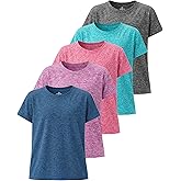 Real Essentials 5 Pack: Girls' Short Sleeve Dry-Fit Athletic T-Shirt - Active Gym Crew Neck Tops for Teens Kids (Ages 4-16)
