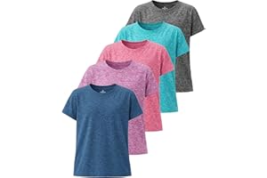Real Essentials 5 Pack: Girls' Short Sleeve Dry-Fit Athletic T-Shirt - Active Gym Crew Neck Tops for Teens Kids (Ages 4-16)