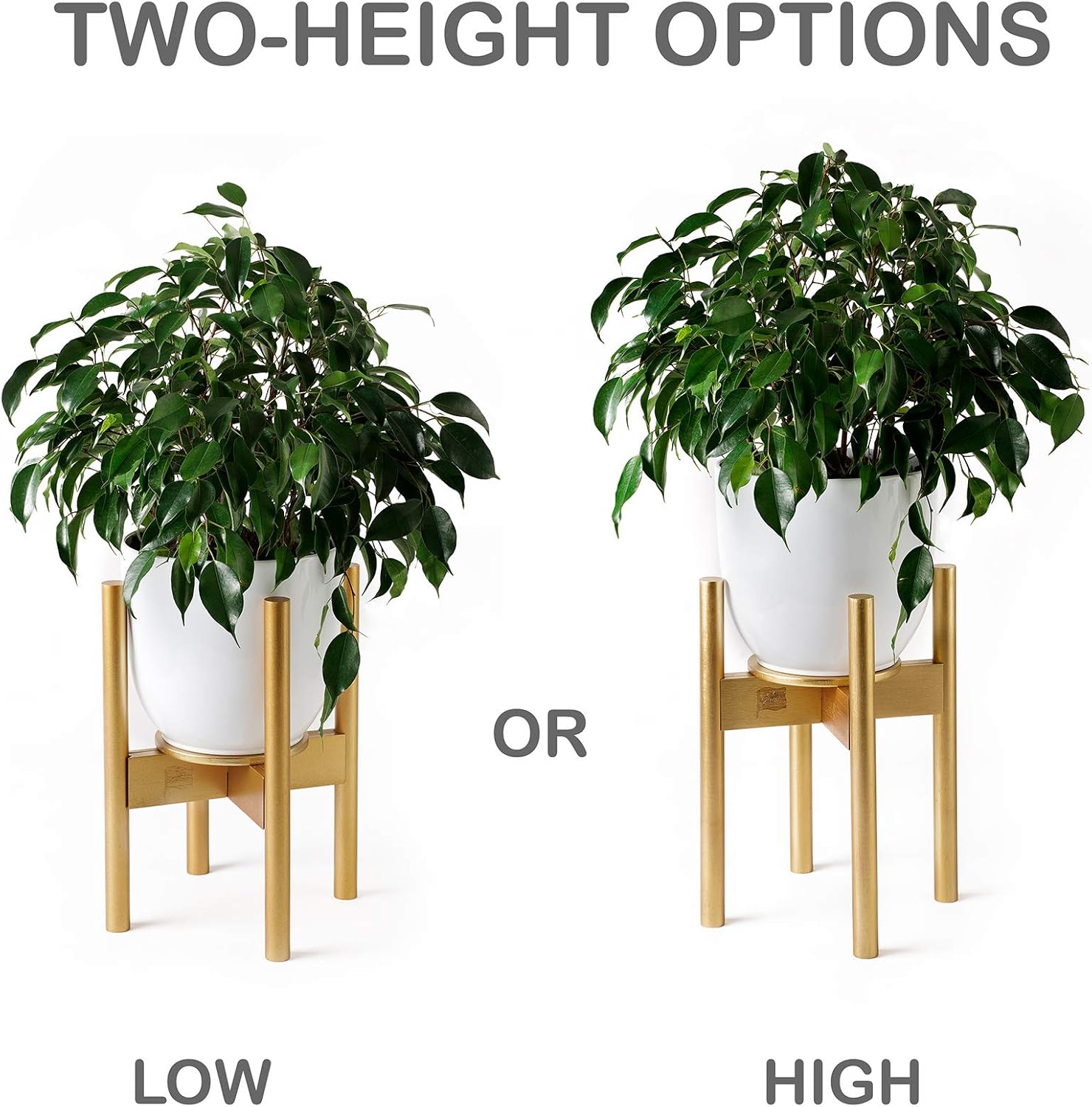 ZPirates Gold Plant Stands for Indoor Plants, with Planter Tray, Adjustable Size Fits 8 9 10 11 12 Inches Small - Large Pots - Mid Century Bamboo Wood Plant Shelf and Flower Holder : Garden & Outdoor