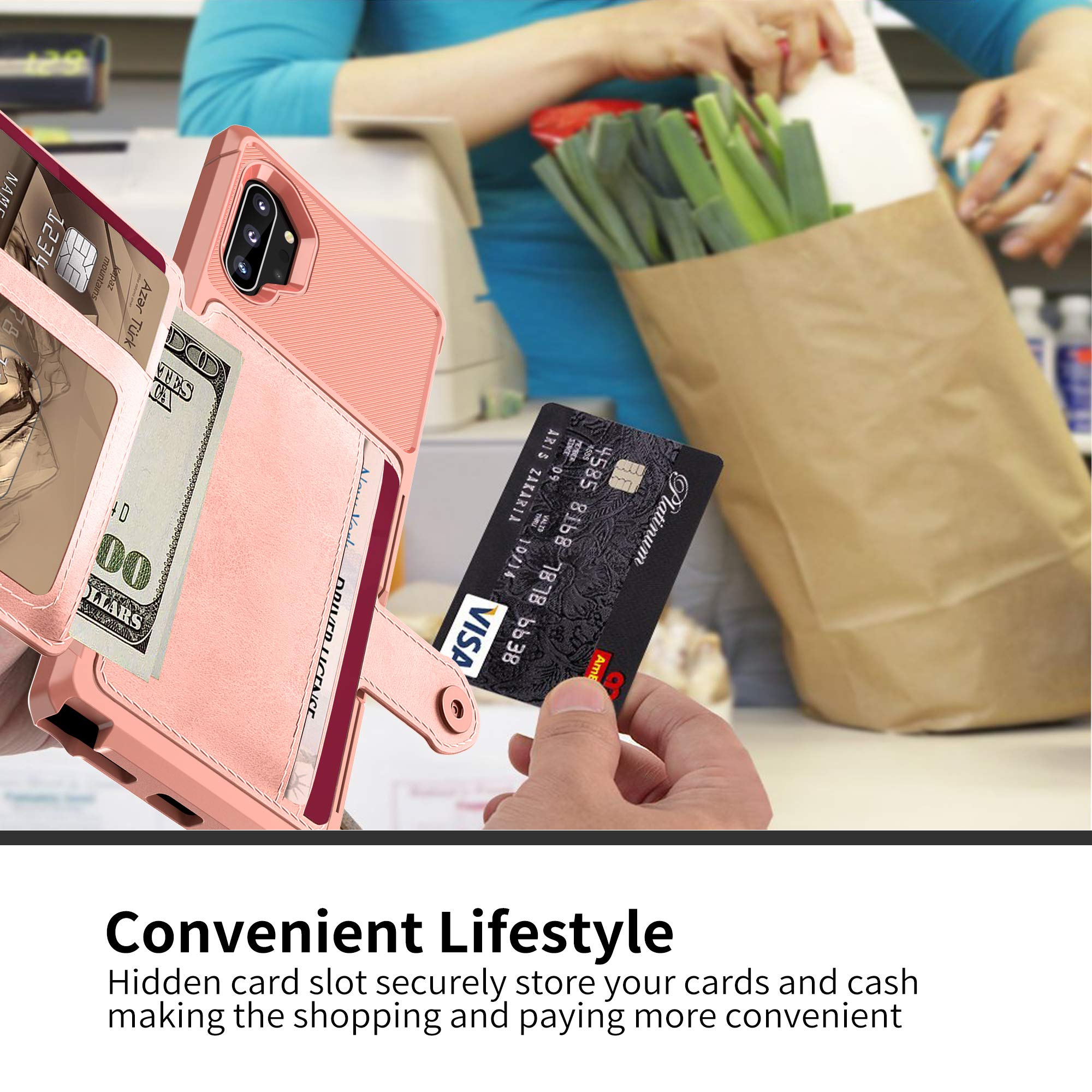 Galaxy Note 10 Plus Wallet Case, Sumsung Note 10+ Flip Leather Kickstand Fit Magnetic Wireless Car Charger Mount Slim Durable Shockproof Protective Card Slots Holder Case Cover (Pink)