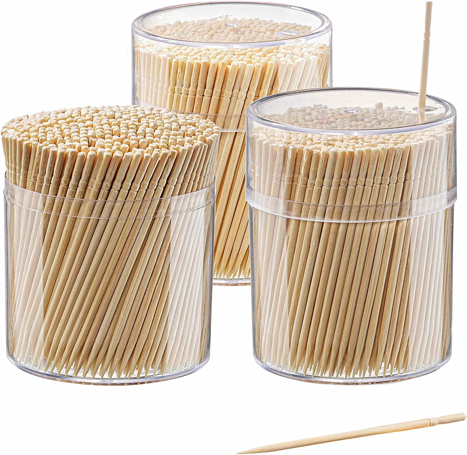 MVS Wholesale 1200 x Large 6.5cm Round Bamboo Cocktail Sticks, Wooden Toothpicks in Storage Box, Double Sided Picks for Dental, Teeth Picking, Party Buffet, Cocktail Sticks,Natural
