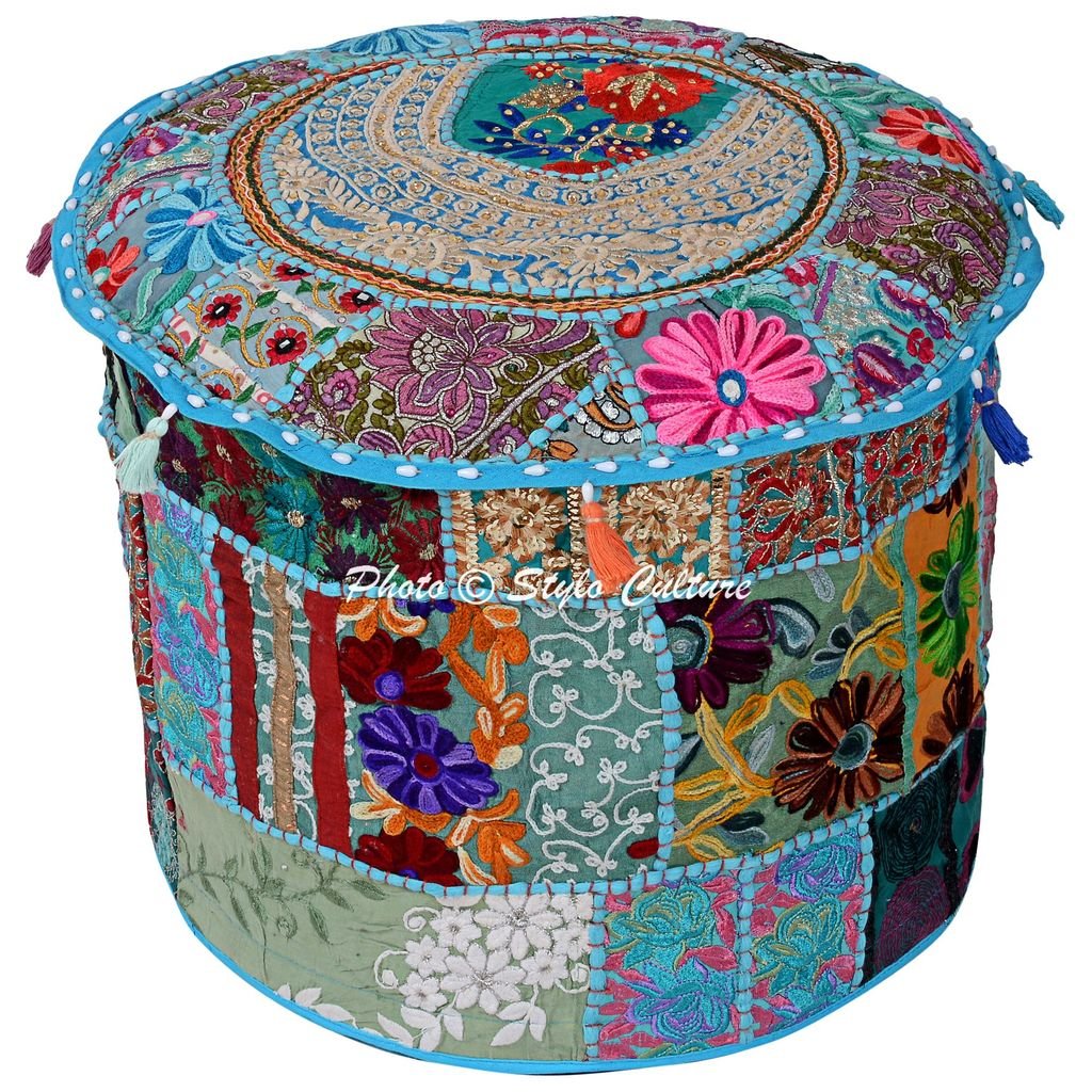 Stylo Culture Traditional Round Pouffe Seat Cotton Patchwork Pouffe Footstool Floor Cushion Cover Embroidered Ottoman Stool Pouf Turquoise Floral 16" Bohemian Ethnic Furniture (16x16x13) (COVER ONLY)