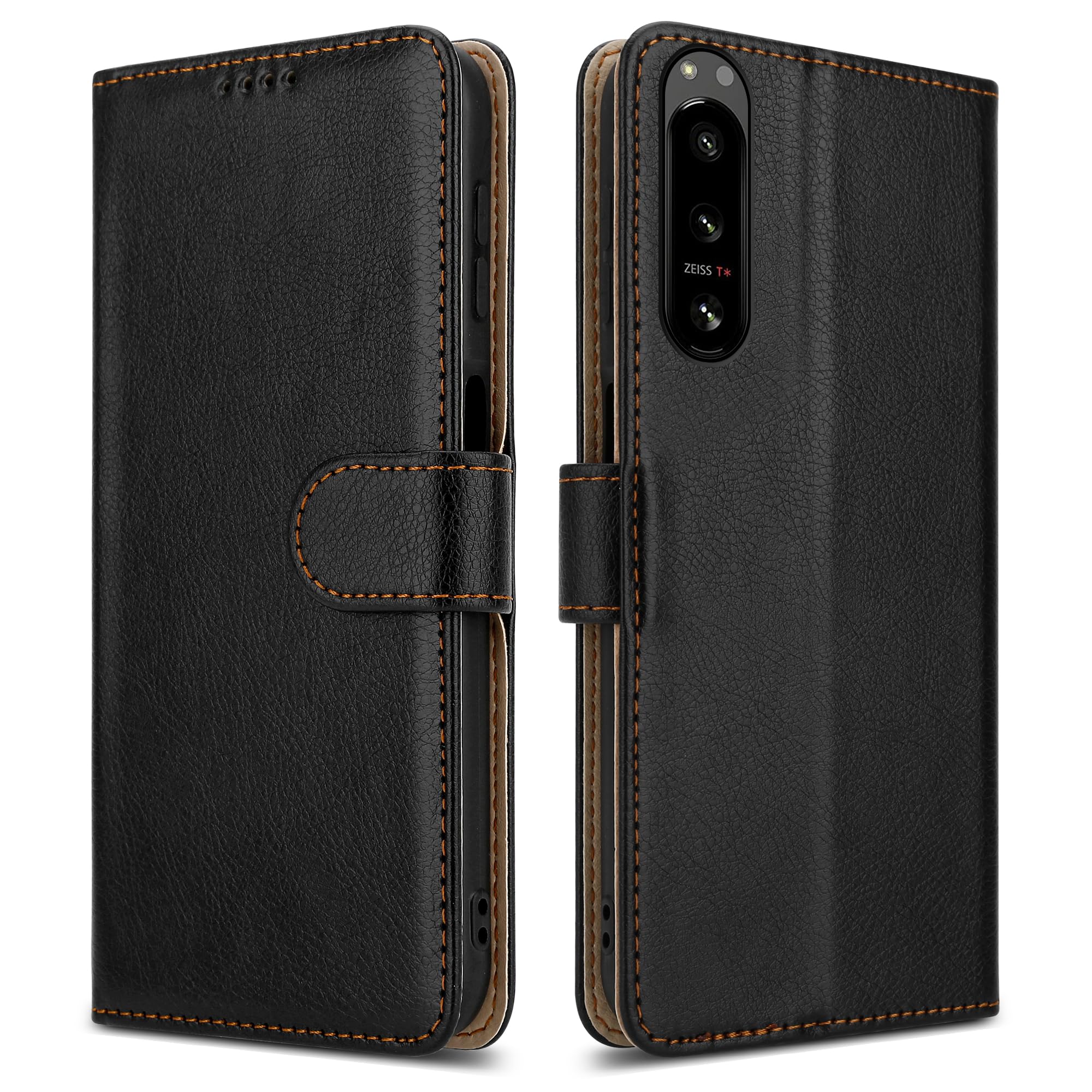 PIXFAB For Sony Xperia 5 IV Leather Phone Case, Magnetic Closure Full Protection Book Folio Design, Wallet Case Cover [Card Slots] and [Kickstand] For Sony Xperia 5 IV - Black