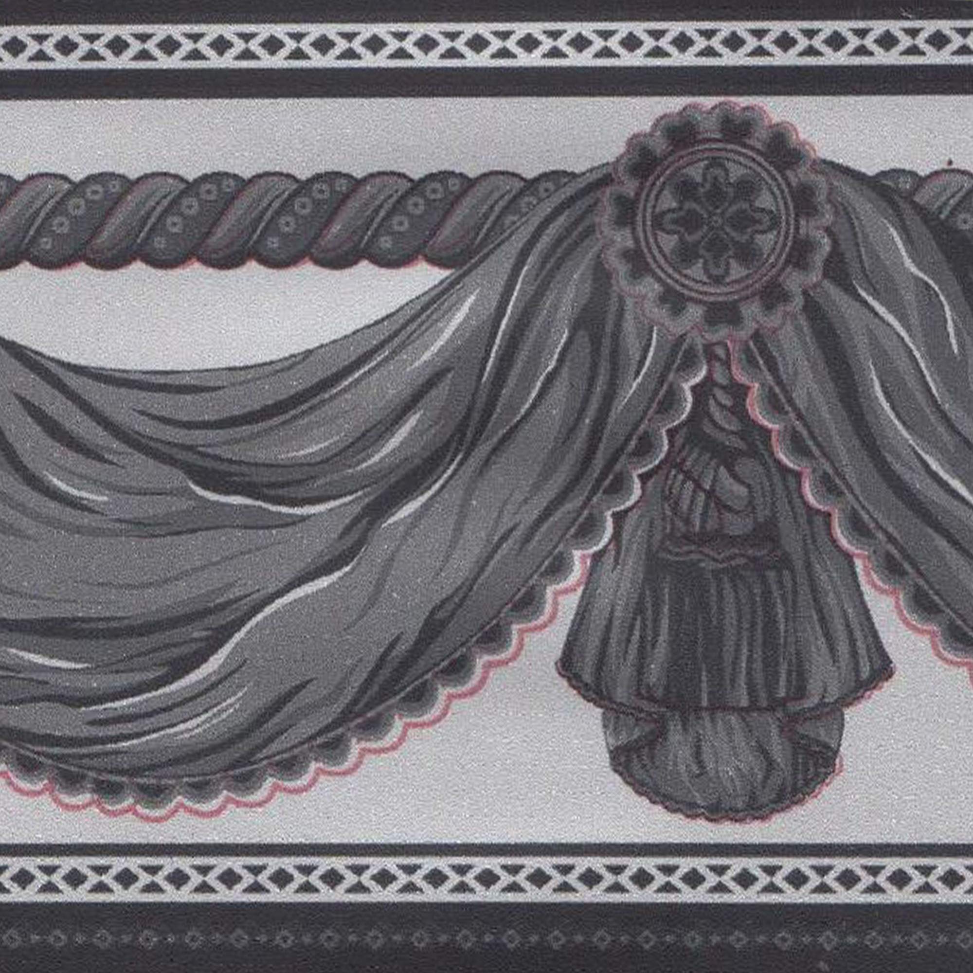 Dundee Deco BD3213 Peel and Stick Faux Charcoal Grey Black Curtains Light Grey Wallpaper Border Retro Design, Roll 33 ft. x 4 in. (10m x 10cm), Self Adhesive