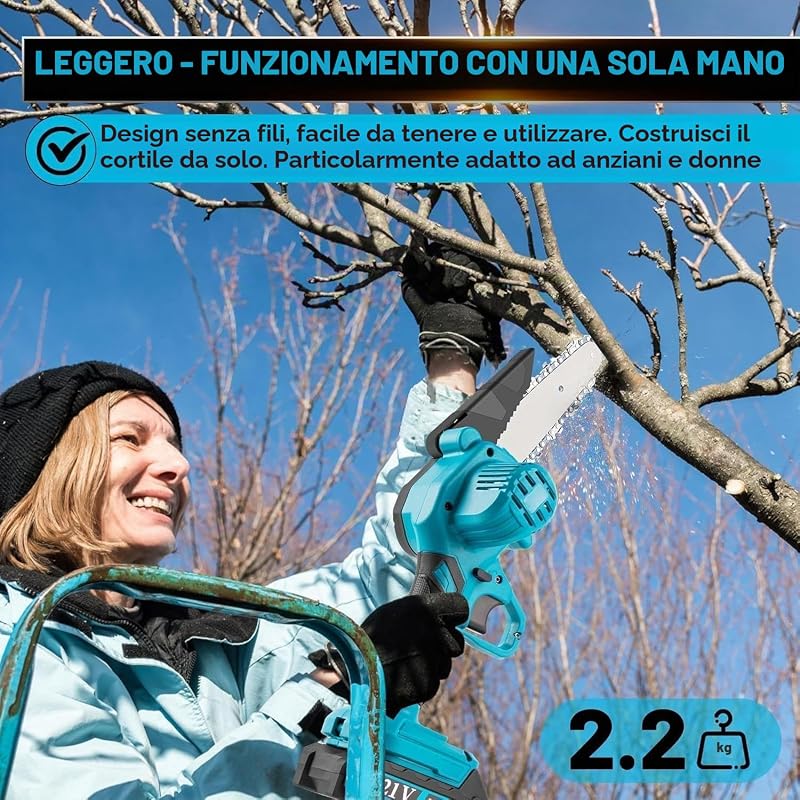 Mini Motosega a Batteria per Potatura, 1000W Motore Brushless, 6 Pollici Motosega Elettrica con 2*2000mAh Batterie di grande capacità, 2 Catene e Blocco di sicurezza per il Taglio Del Legno e Giardini