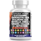 Glucosamine Chondroitin MSM Collagen Joint Supplements for Women &amp; Men with Turmeric Curcumin, Collagen, Hyaluronic Acid, Boswellia Omega 3 Knee Flexibility Support Complex Vitamin Capsules 120 Count