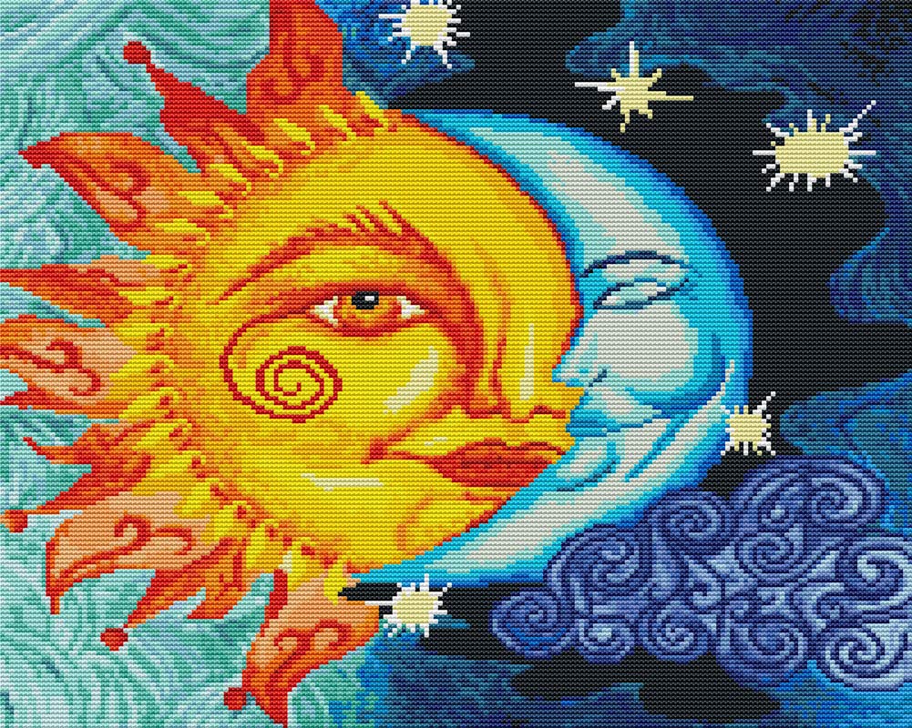 Awesocrafts Cross Stitch Kits, Sun and Moon Easy Patterns Cross Stitching Embroidery Kit Supplies, Counted Options for Adults Beginners Kids Gifts (Sun and Moon, Counted)
