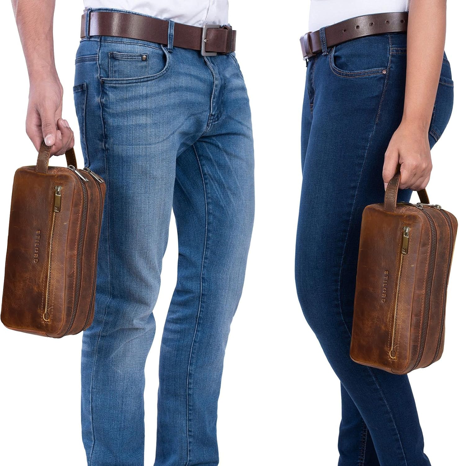 STILORD Large Toiletry Bag Washbag Travelling with Wrist Strap and Zipper Made of Genuine Vintage Leather Brown - Image 3