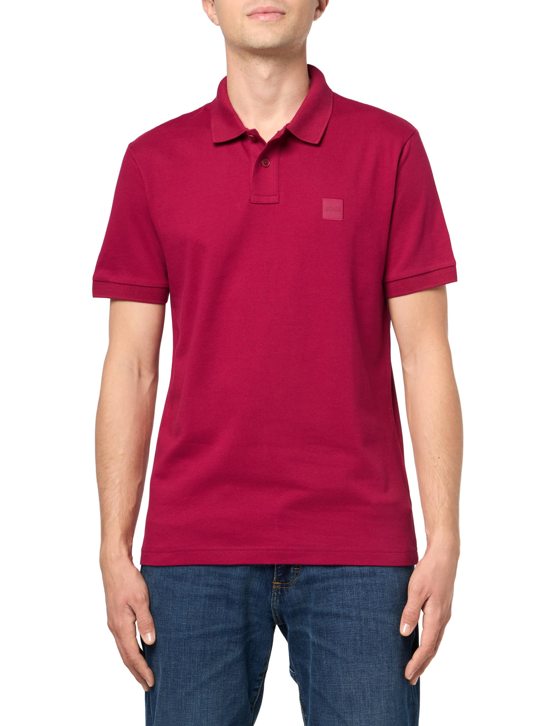 BOSS Square Patch Logo Slim Fit Pique Polo Shirt, Crimson red, M
