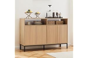Mericonia Farmhouse Buffet Sideboard Cabinet with Storage, Fluted Coffee Bar with Doors and Adjustable Shelves, Modern Wood Console Cabinet for Kitchen, Livingroom (Fluted 4 Door, Natural)