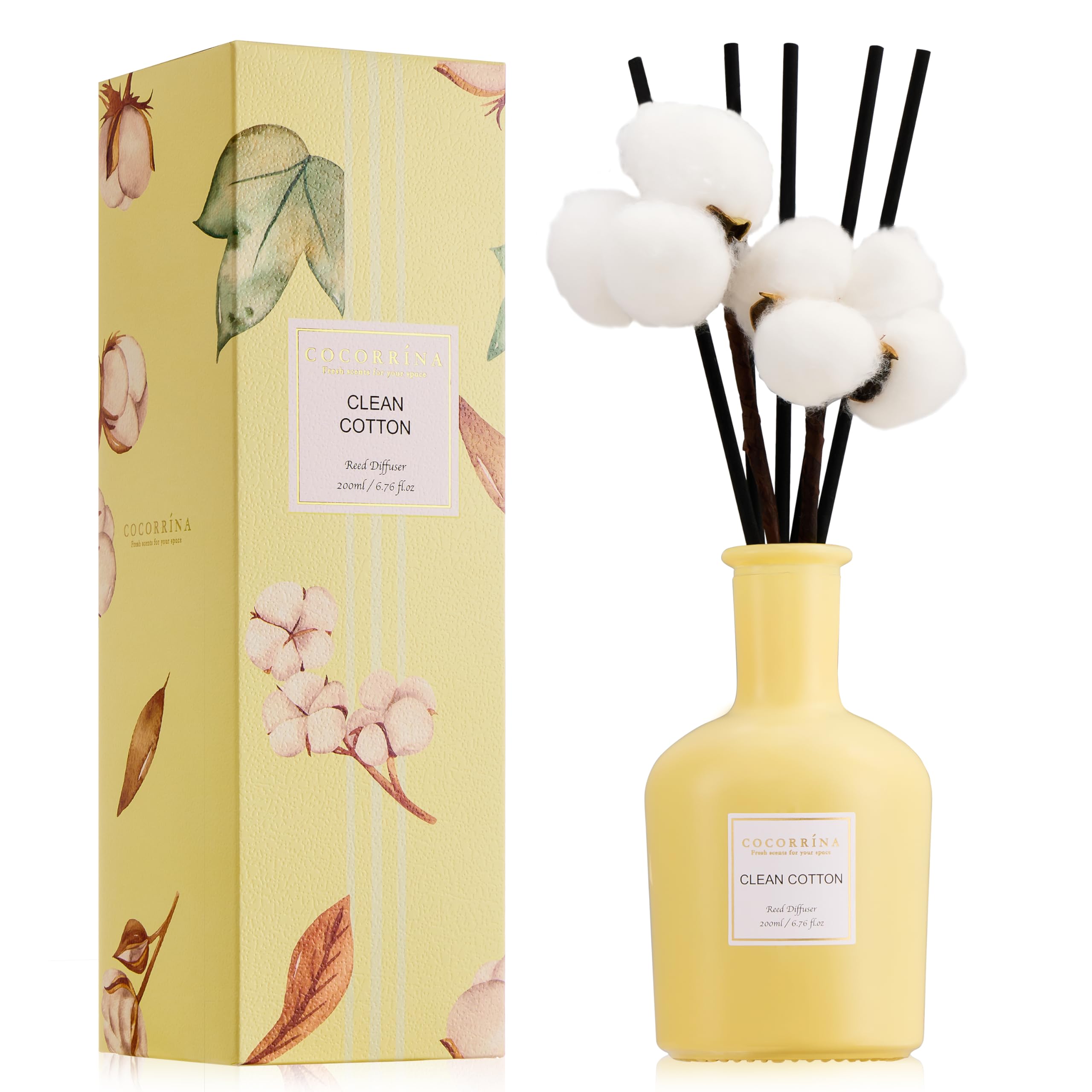 COCORRÍNA Reed Diffuser – Clean Cotton Scent, 6.76 oz Essential Oil with Sticks & Real Cotton, Long-Lasting Fragrance for Bedroom or Bathroom Décor