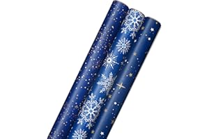 Hallmark Christmas Wrapping Paper Rolls - Navy Blue and Gold Stars, Snowflakes, Winter Galaxy Gift Wrap Paper (3 Rolls: 120 sq. ft. ttl.) for Holiday Parties, Hanukkah, Winter Weddings