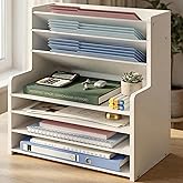 7 Tier White Desk Organizer for Office Organization, Wood Paper Organizer for Desk, Vertical Desktop File Folder Holder &amp; Letter Tray, Aesthetic School Storage Orgnizer Shlef