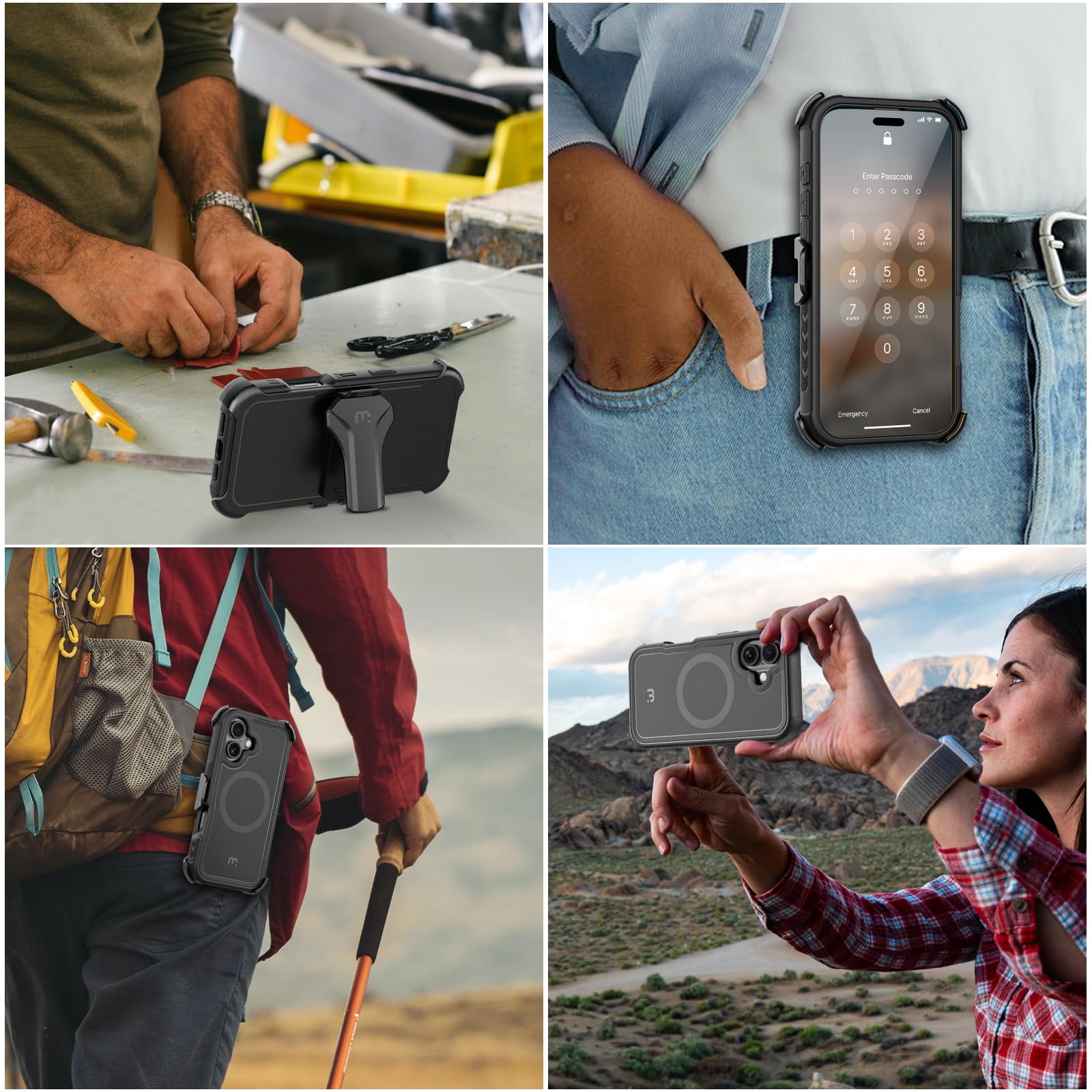 M MYBAT PRO Maverick Series iPhone 16 Plus 6.7 Case with Belt Clip Holster,[Compatible with Magsafe] w/Screen Protector,Anti-Drop,Shockproof,with 360°Rotating Kickstand,Heavy Duty Protection Black