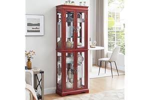 CKEASEAN Curio Cabinet 71" Lighted Glass Display Cabinet, Display Curio Cabinet with Adjustable Glass Shelves Vintage, China Cabinet Light Bulb Included, Curio Storage Cabinet with 6 Shelves (Cherry)