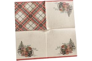 Vintage Christmas Paper Napkins with Plaid Pattern, Winter Scene Design, Holiday Table Decor, Rustic Forest Theme 16 CT