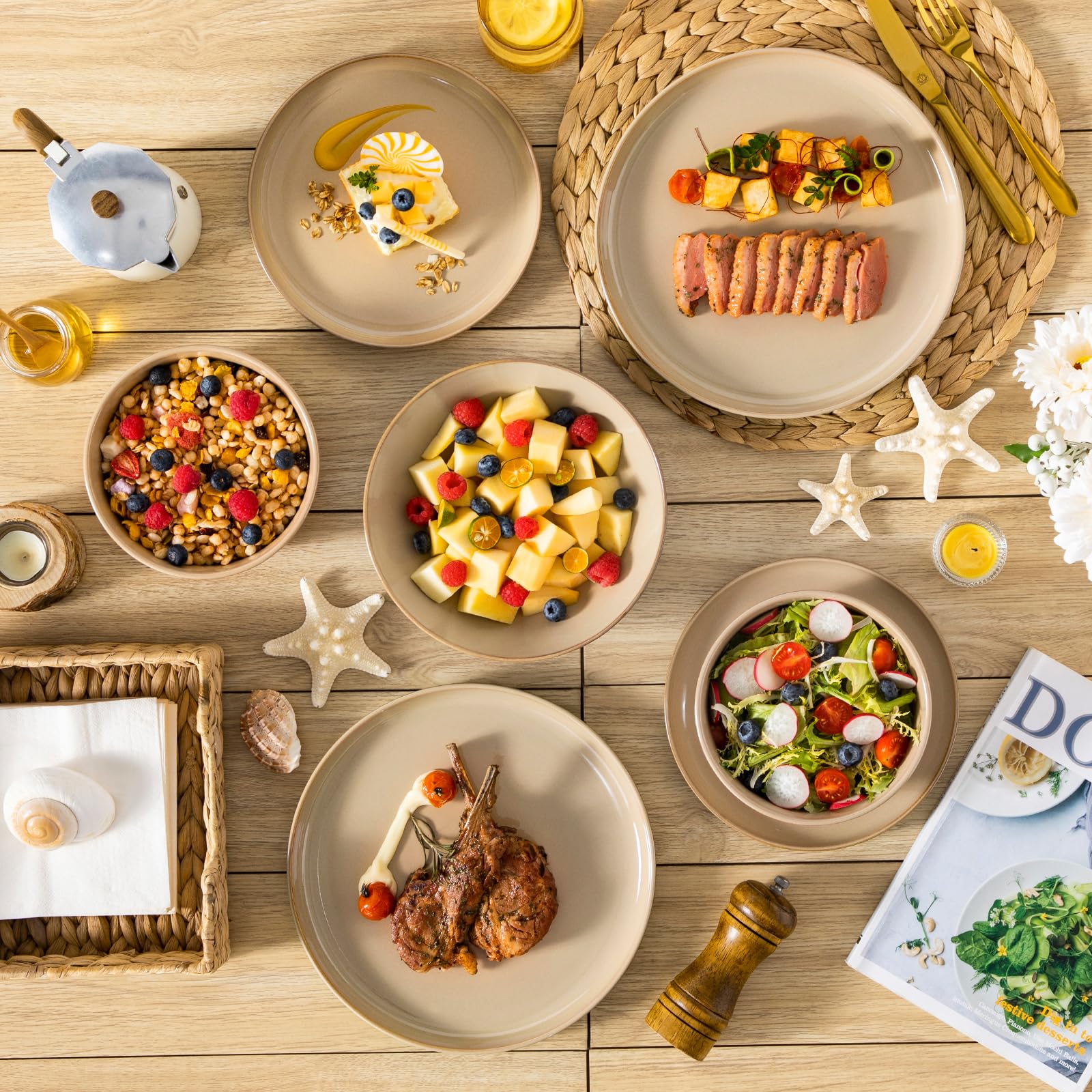 Geschirrset 6 Personen, vancasso PLAYA 24tlg Tafelservice 6 Personen Modern, Steingut Geschirrset, Beinhaltet Schüssel, Dessertteller und Speiseteller, Spülmaschinenfest, Braun 7