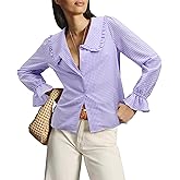 siliteelon Plaid Shirts for Women Gingham Top Button Down Shirts Peter Pan Collar Puff Long Sleeve Cotton Casual Work Blouse