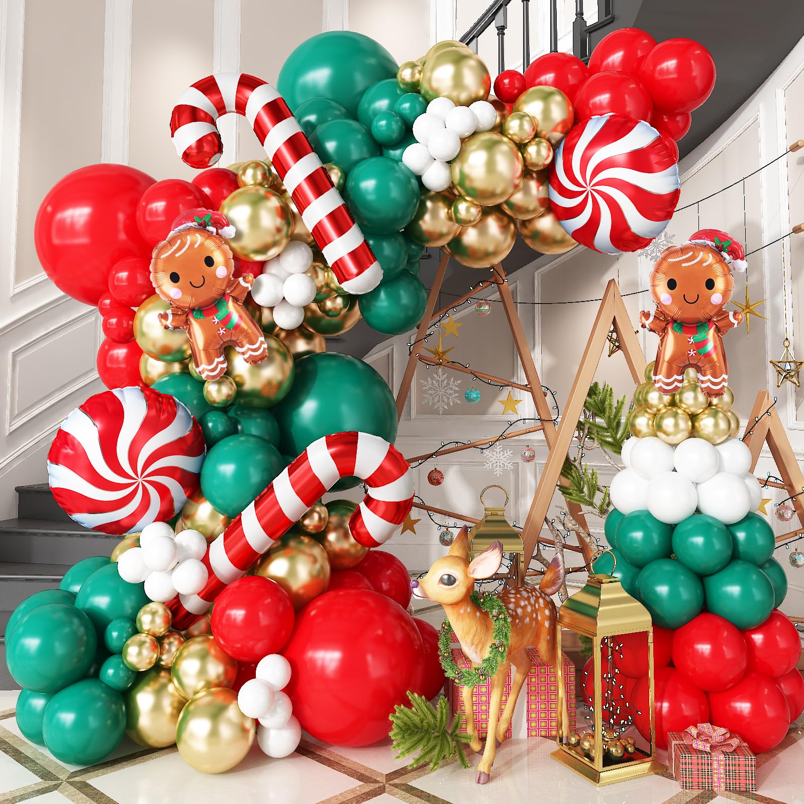 Christmas Balloon Arch Garland kit with Gingerbread Man Foil Balloons, 111 Pcs Red Dark Green Metallic Gold Xmas Balloon Arch with Red White Candy Cane Balloons for Indoor Christmas Party Decorations
