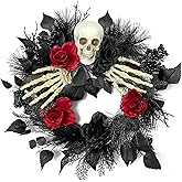 Halloween Skull Wreath with Hands, Red and Black Artificial Roses and Plants, 16 Inch Gothic Garland Creepy Decor for Home Front Door and Window