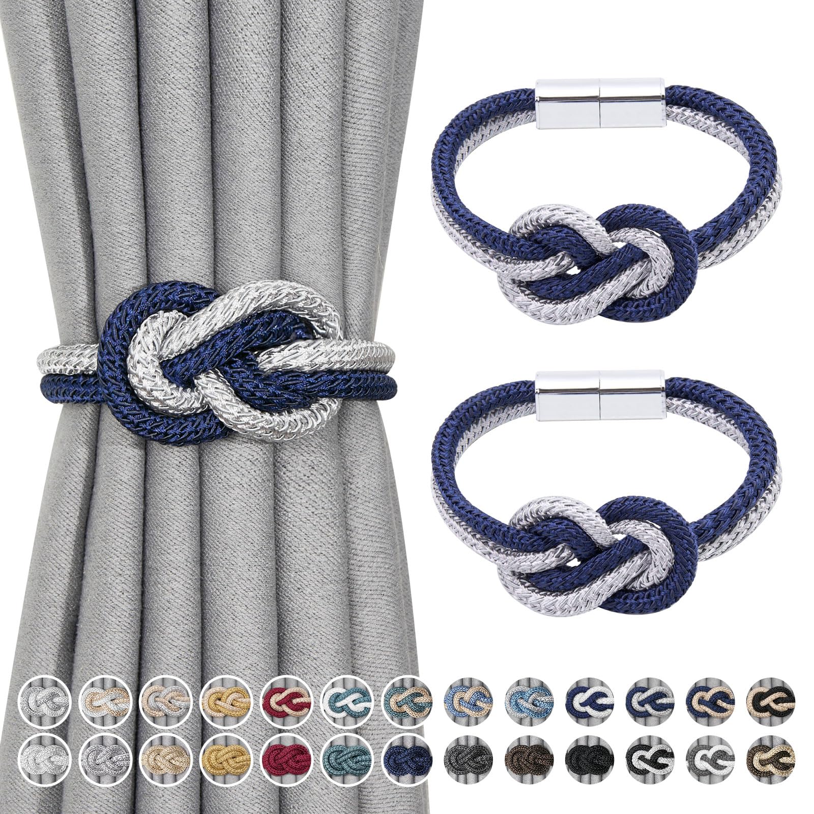 Pretty Jolly 2 Pack Mini Magnetic Curtain Tiebacks Nordic Simple Style Drape Tie Backs Elegant Hand Weave Rope Knot Decorative Curtain Holdbacks for Home & Office Window Drapery (Dark Blue & Grey)