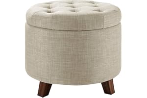 �鶹�� Basics Ottoman with Storage, Tufted Round Upholstered Footstool, Linen, Burlap Beige, ‎50.8 cm × 43.18 cm.