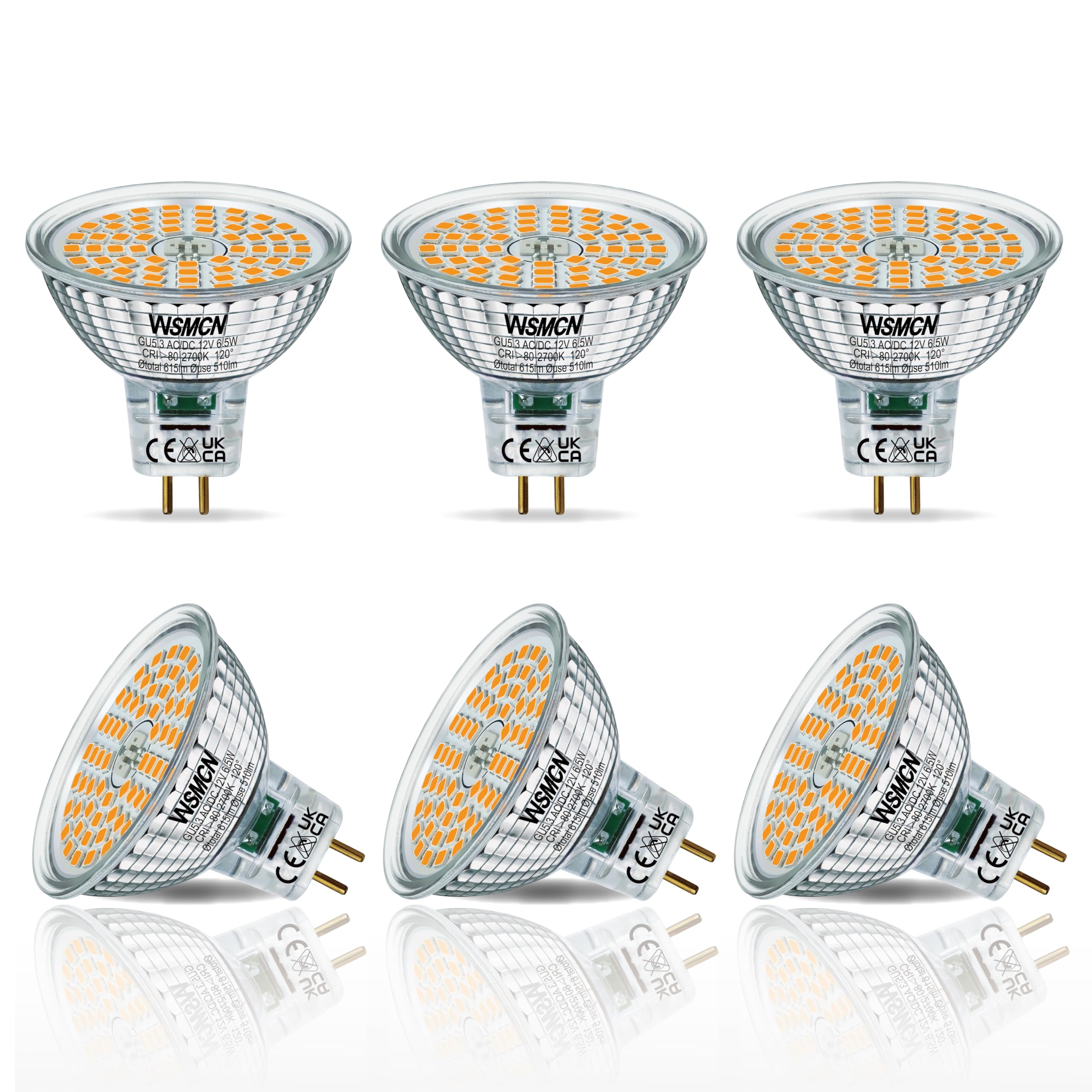 WSMCN MR16 GU5.3 LED Light Bulbs Warm White 2700K, 6.5W Equivalent to 50W Halogen, Bi-Pin Base 12V 615LM, Non Dimmable, 120° Beam Angle, Spotlight, Pack of 6