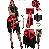 Fourluoo 9 Pcs Adult Pirate Costume Women Pirate Skirt with Head Scarf Waist Belts Fishnet Stockings Corset Eye Patch Earrings Necklace Plastic Knife Accessories for Halloween Cosplay Party