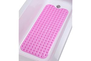 TIKE SMART Extra-Long Non-Slip Bathtub & Shower Mat 39”x16” (Smooth/Non-Textured Tubs Only) Safe, Clean, Machine-Washable, Superior Grip&Drainage, Vinyl, Transparent Pink