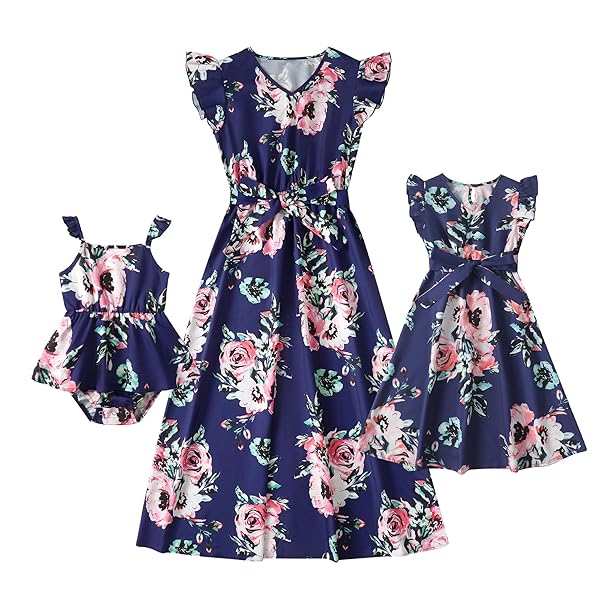 FOCAMIA PINK V NECK RUFFLE SHORT-SLEEVE SPLICING BUTTERFLY AND FLORAL PRINT DRESS FOR MOMMY AND ME(BLUE,6-9 MONTHS)