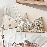 SageSelvas Taupe Farmhouse Decorative Lumbar Throw Pillow Cover 12X20 Set of 2, Floral Neutral Cotton Accent Lumbar Throw Pillow for Couch Sofa Living Room, Cover ONLY
