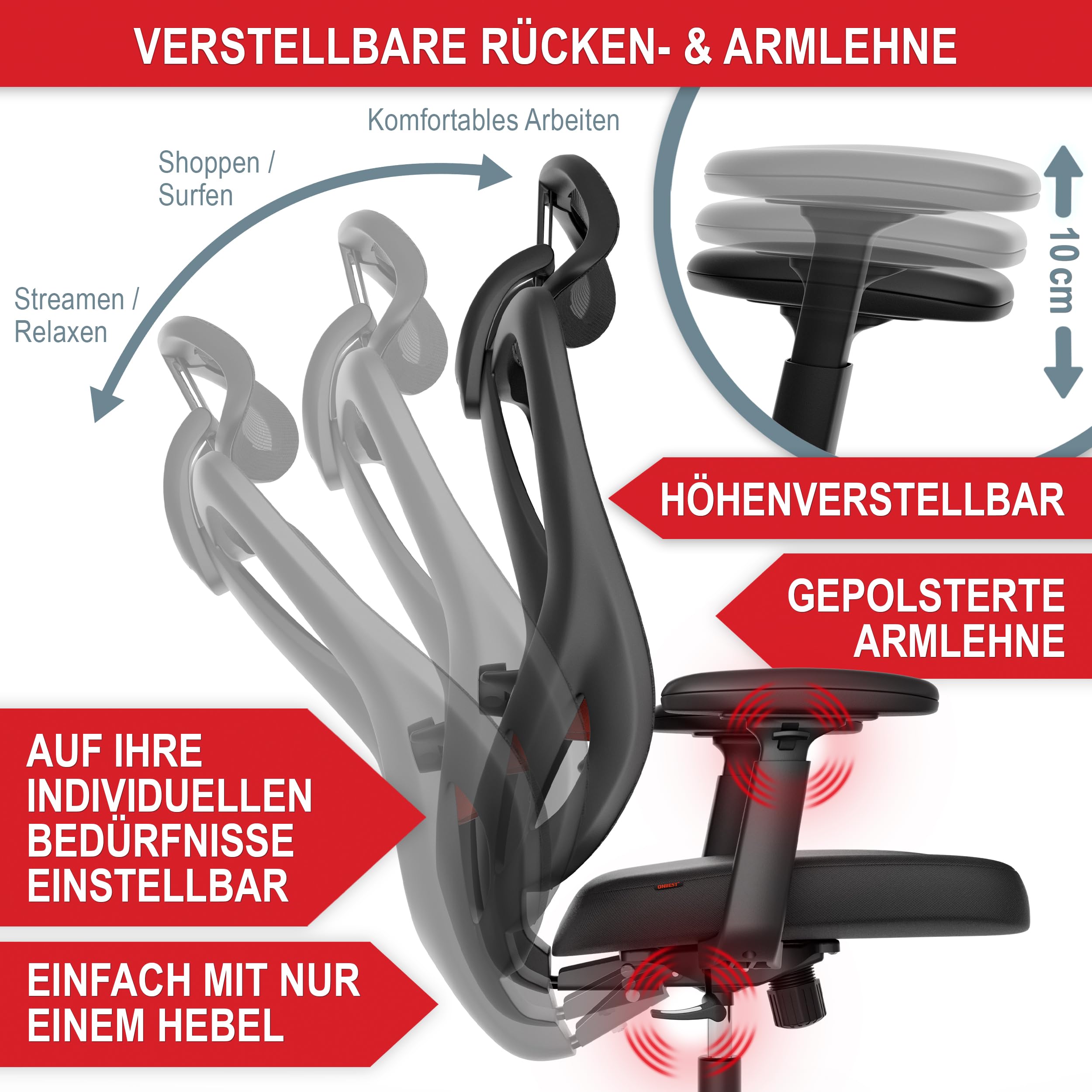 Onbest ergonomischer Bürostuhl für Homeoffice & Büro - mit Lordosenstütze, Verstellbarer Kopfstütze & Armlehnen - atmungsaktiver Mesh-Rücken, breite Sitzfläche, leise Rollen - bis 150 kg belastbar 2