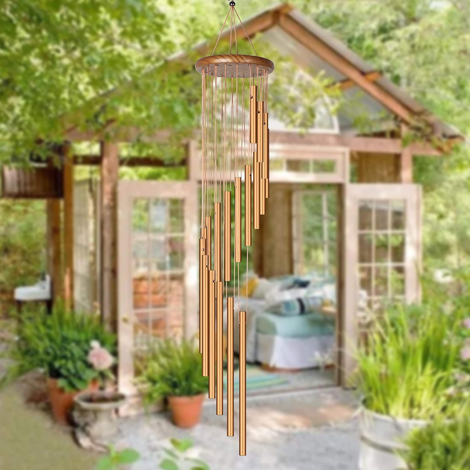 Topspeeder Wind Chime Outdoor Metal Wind Chimes Solid Wood and 18 Scrub Aluminum Alloy Gold Tubes Wind Chime 36’’ Large Garden Wind Chime for Party, Garden, Decor, Gift etc : Garden & Outdoor