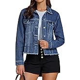 luvamia Denim Jacket for Women Distressed Jean Jackets Button Up Vintage Western Trucker Jacket Frayed Hem Pockets