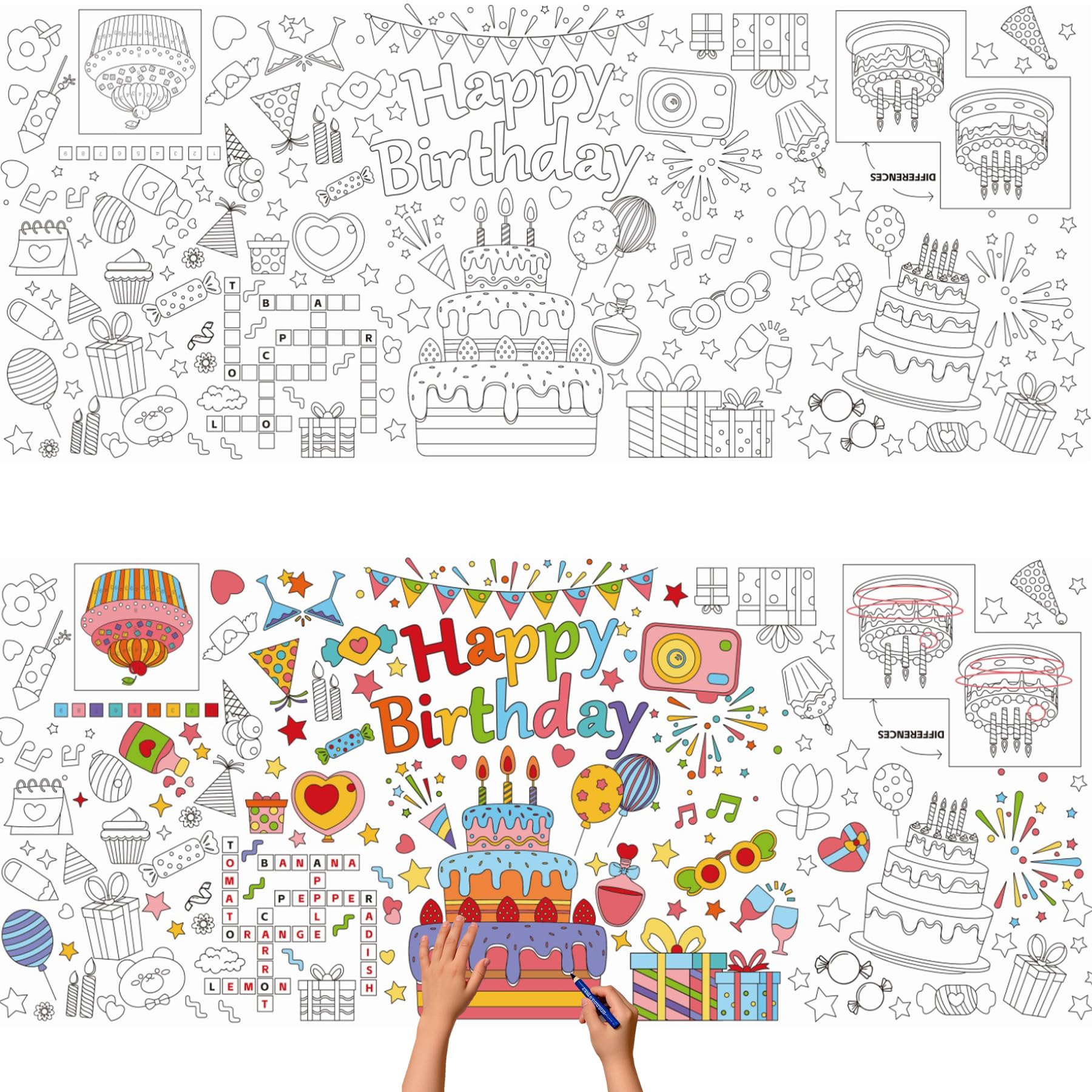 CAMOSE Birthday Colouring Tablecloth Crafts, Colouring Table Cloths for Kids,Giant 76x183cm Coloring Table Cloth Cover for Happy Birthday Party Decorations, Activities Gifts