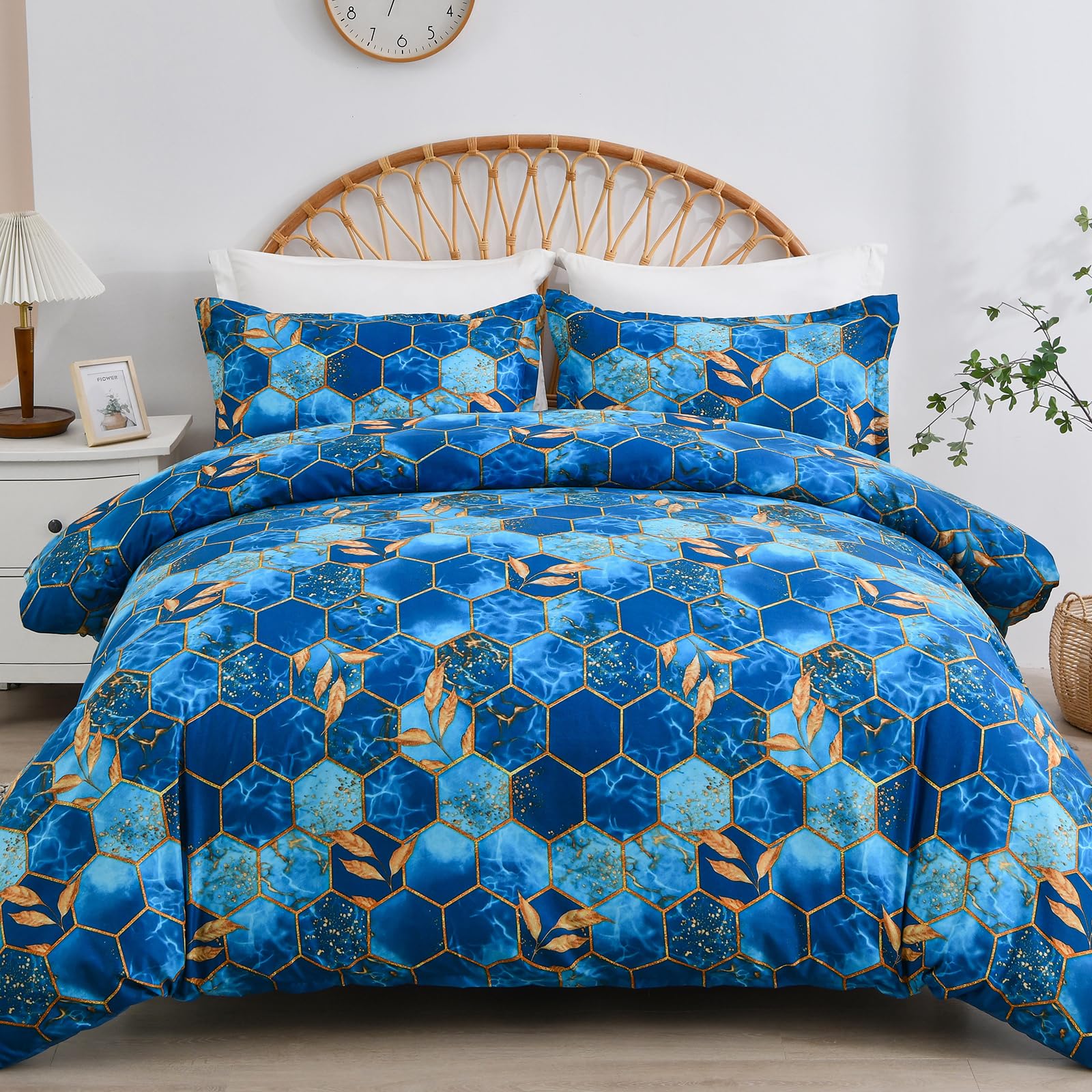 DJY Blue Geometric Duvet Cover Golden Leaves Reversible Bedding Set Soft Breathable Lightweight Duvet Sets 3 Pieces With Zipper Closure (Double, 200x200cm) — image 1