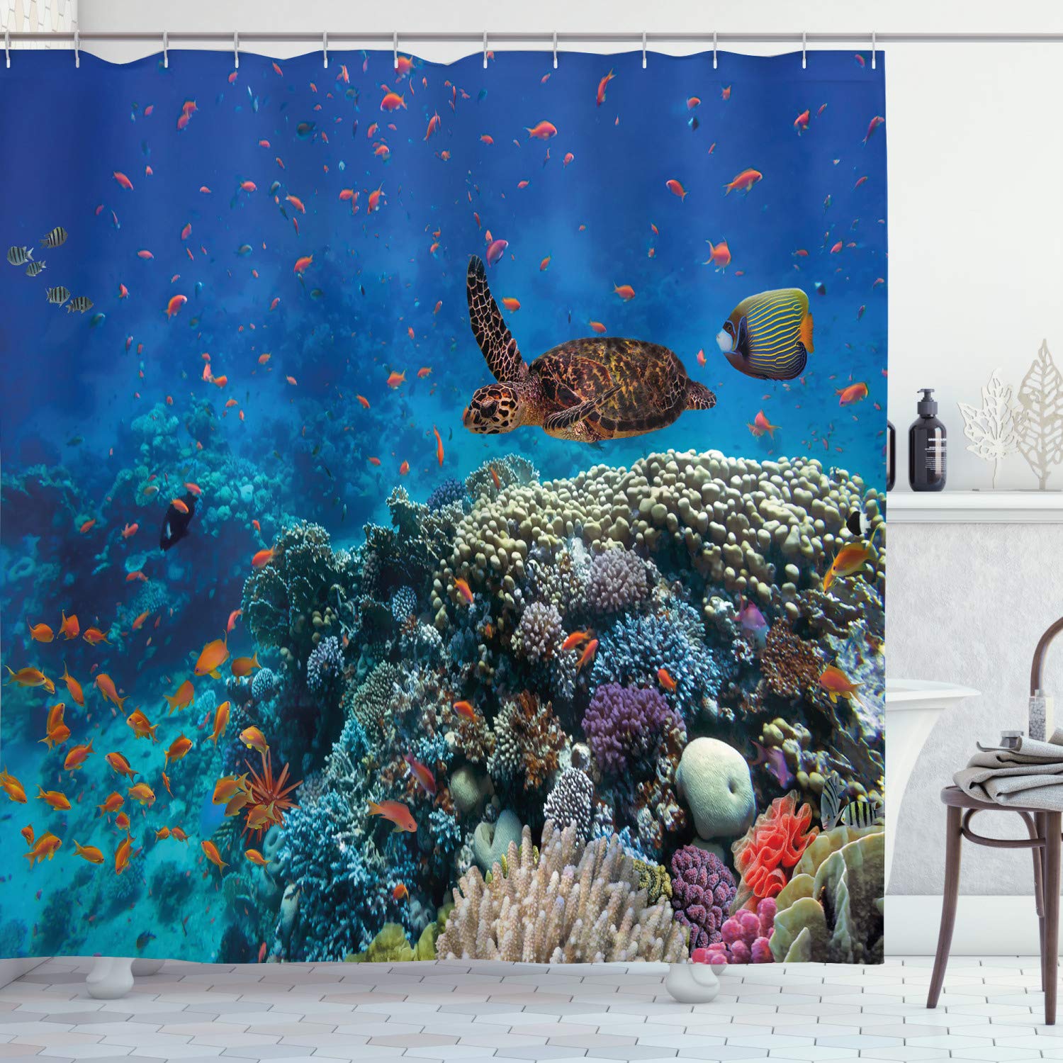 ABAKUHAUS Fish Shower Curtain, Exotic Fish and Turtle in Fresh Water on Stony Corals Bio Diversity Wild Life Photo, Cloth Fabric Bathroom Decor Set with Hooks, 86 Inches Extra Long, Multicolor