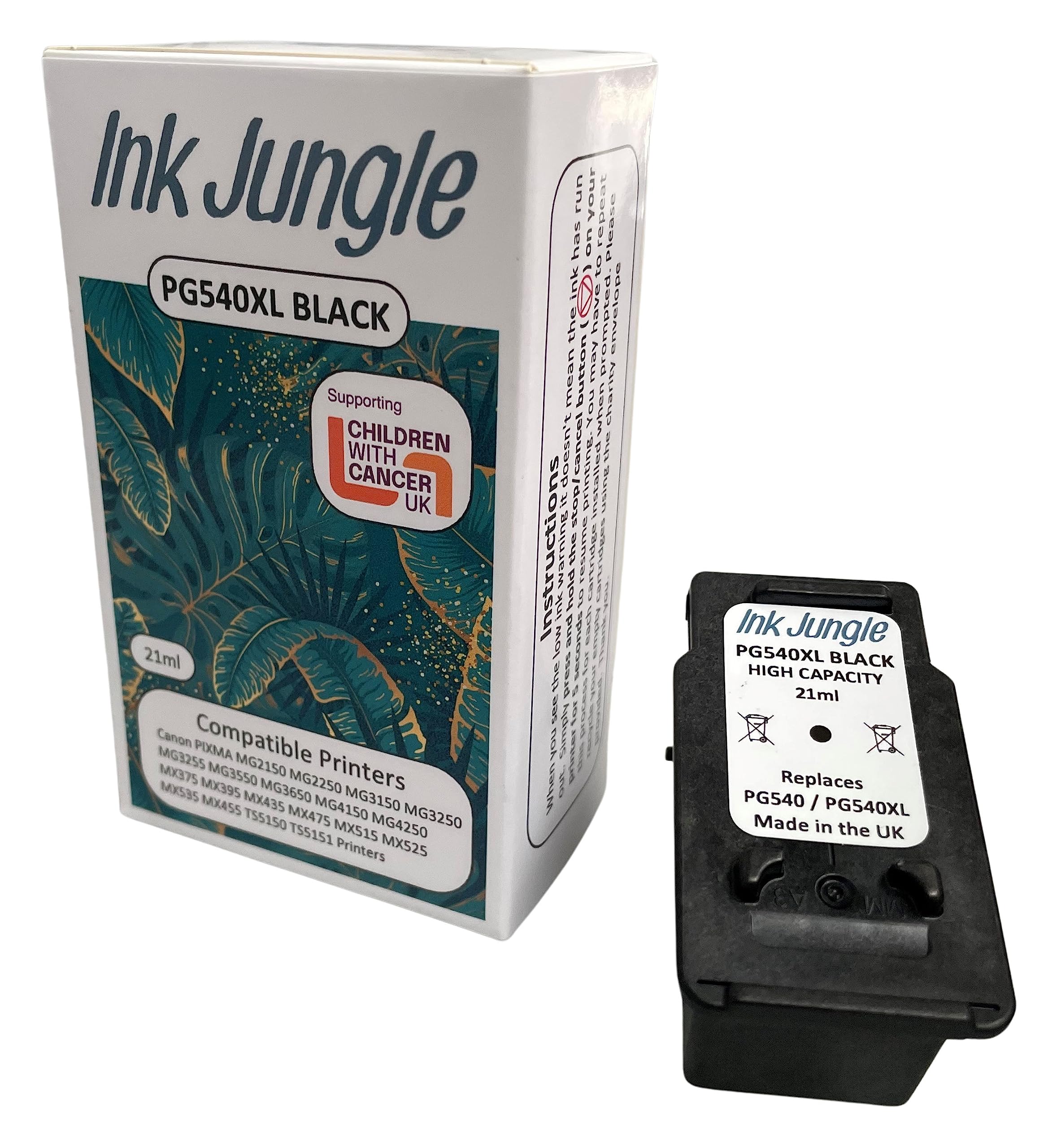 Ink Jungle PG540XL Black Ink Cartridge For Canon MG2150 MG2250 MG3150 MG3250 MG3255 MG3550 MG3650 MG4150 MG4250 MX375 MX395 MX435 MX475 MX515 MX525 MX535 MX455 TS5150 TS5151 Printers