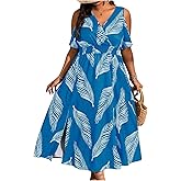Floerns Women's Plus Size Cold Shoulder Tropical Print V Neck Flared A Line Long Dress
