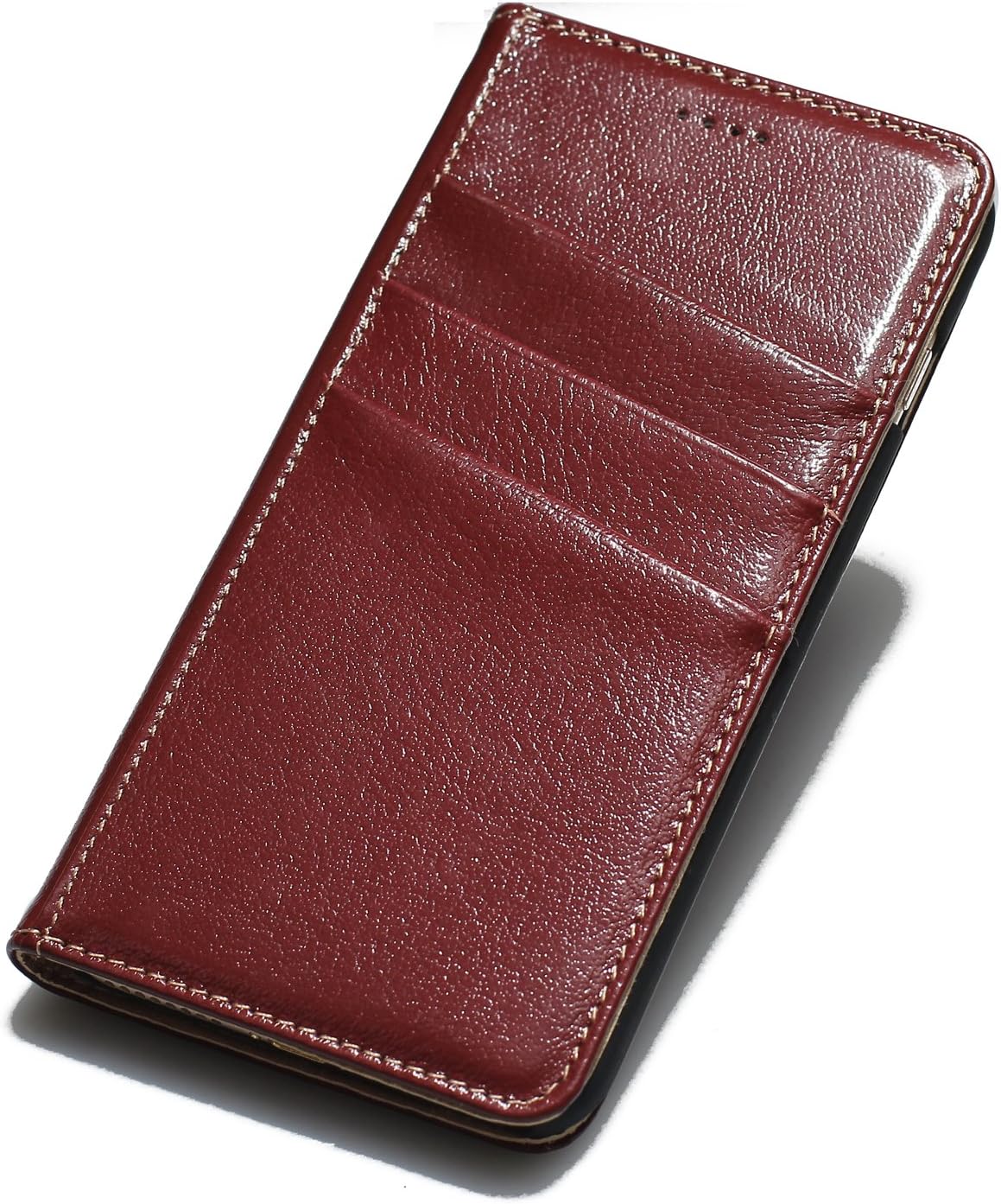 iPhone 7 Plus Case, Genuine Cowhide Leather Wallet Case, Flip Book Cover with [Credit Card Holder] [Kickstand] For iPhone 7 Plus (Wine Red)