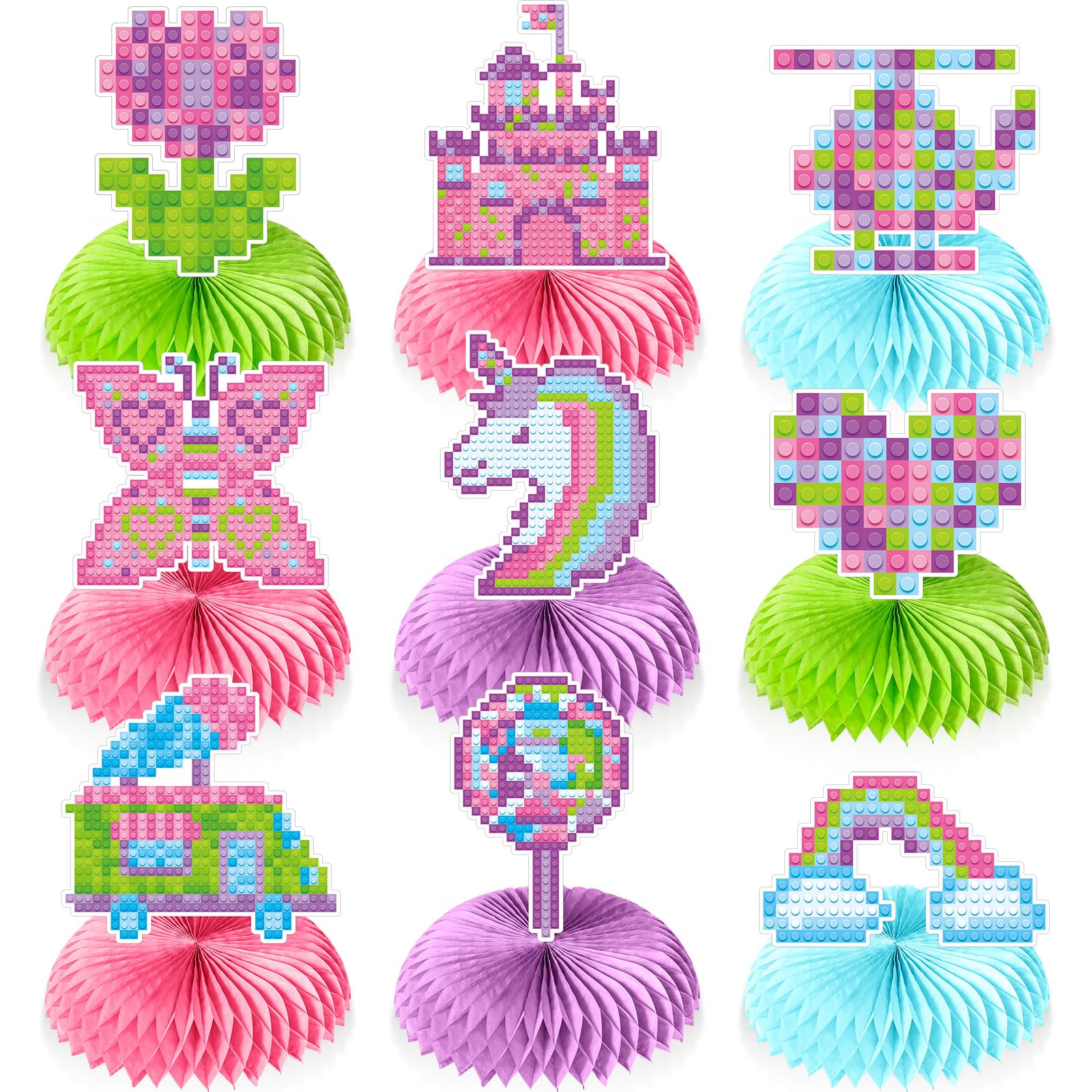 Photo 1 of Colarr 9 Pieces Girls Pink Building Block Cake Topper Honeycomb Centerpieces Birthday Party Decorations Table Romantic Party Supplies Brick Themed Birthday Princess Kids