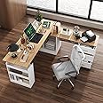 MOUMON L Shaped Standing Desk with Drawers and Shelves, Executive Adjustable Height Desk, L-Shaped Design, 63 inch Tabletop, for Office Oak and White (63”W x 63”D x 28.9-45.3”H)