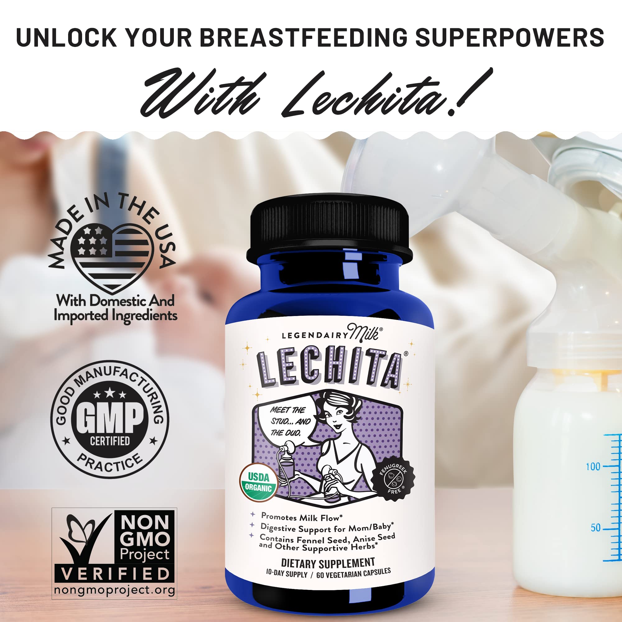 Legendairy Milk Lechita, Supports Milk Flow, Organic Fenugreek Free Breastfeeding Supplement, Organic Fennel & Anise, Made in USA, 60 Vegan Capsules