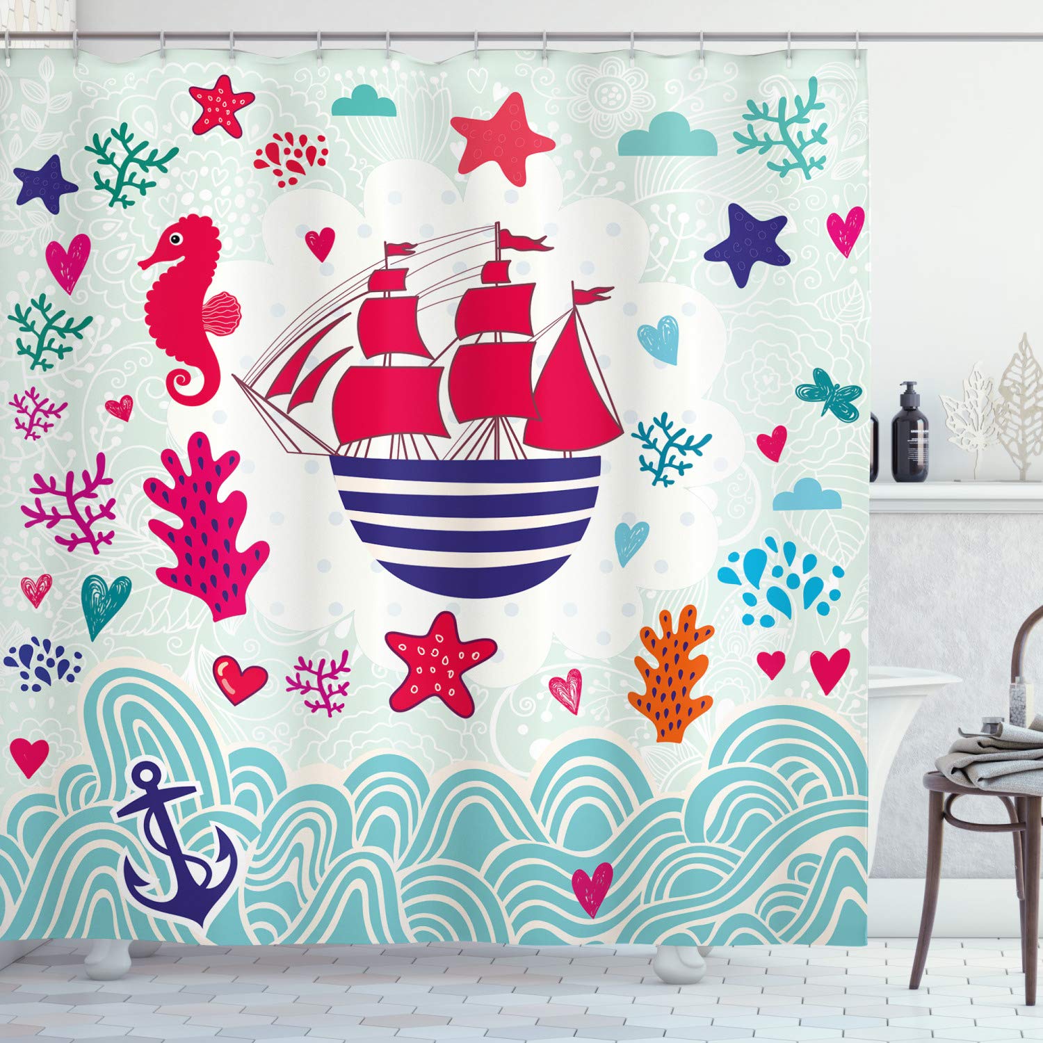 ABAKUHAUS Ocean Shower Curtain, Maritime Theme a Sailing Ship Anchor Seahorse and Sea Star Illustration Art, Cloth Fabric Bathroom Decor Set with Hooks, 70 Inches, Red and Turquoise