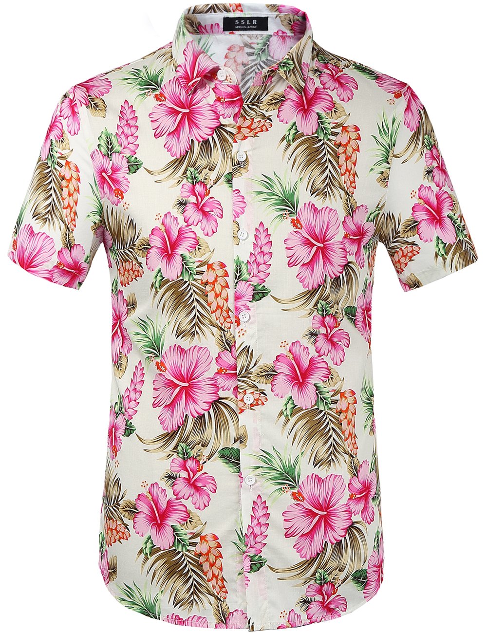SSLR Men's Flower Casual Button Down Short Sleeve Shirt (Large, Pink