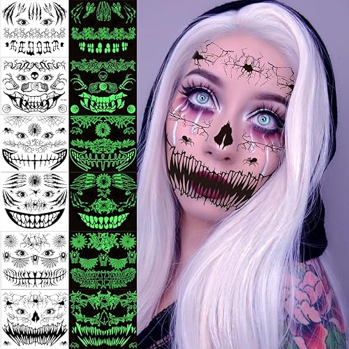 Day of the Dead Face Tattoo,Glow in the Dark Halloween Tattoos,3D Witch Skull Big Mouth and Spider Web Bat Temporary Tattoos as Halloween Costumes for Women Men Adult Halloween Make Up Accessories