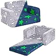 Tiita Kids Chair Couch, Folding Toddler Comfy Sofa Chairs, 2-in-1 Kids Plush Sofa Fold Out, Baby Armrest Chair Sofa to Lounger, Convertible Play Sofas to Bed for Girl or Boy, Grey Star