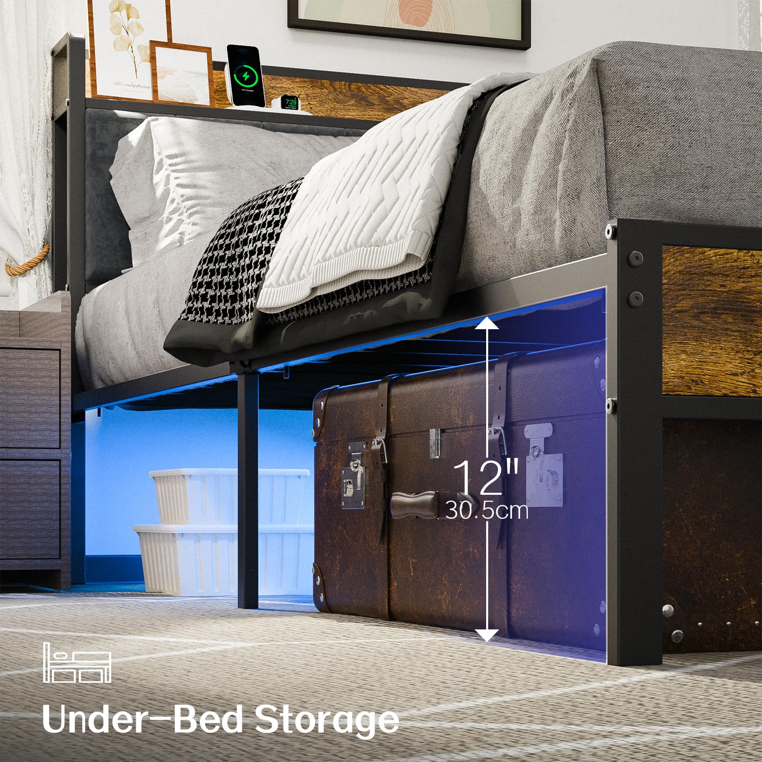 Liians Queen Bed Frame with Headboard, Metal Platform Bed with Smart LED Lights and USB Charging Station, Easy Assembly, No Box Spring Needed